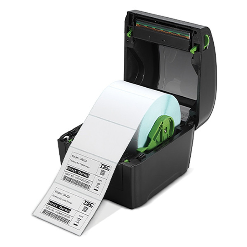 TSC DA210 label printer with open cover and visible label roll, ready to use.