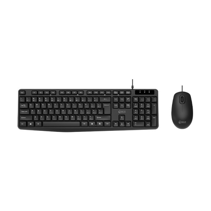 Black wired keyboard and mouse set, ideal for efficient computing.