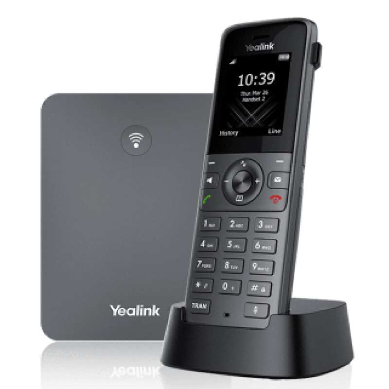 Yealink W73P IP DECT base station and handset on charging dock.