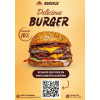 A5 Flyer with photo of a tasty burger, discount and QR code for ordering, ideal for flyer making.