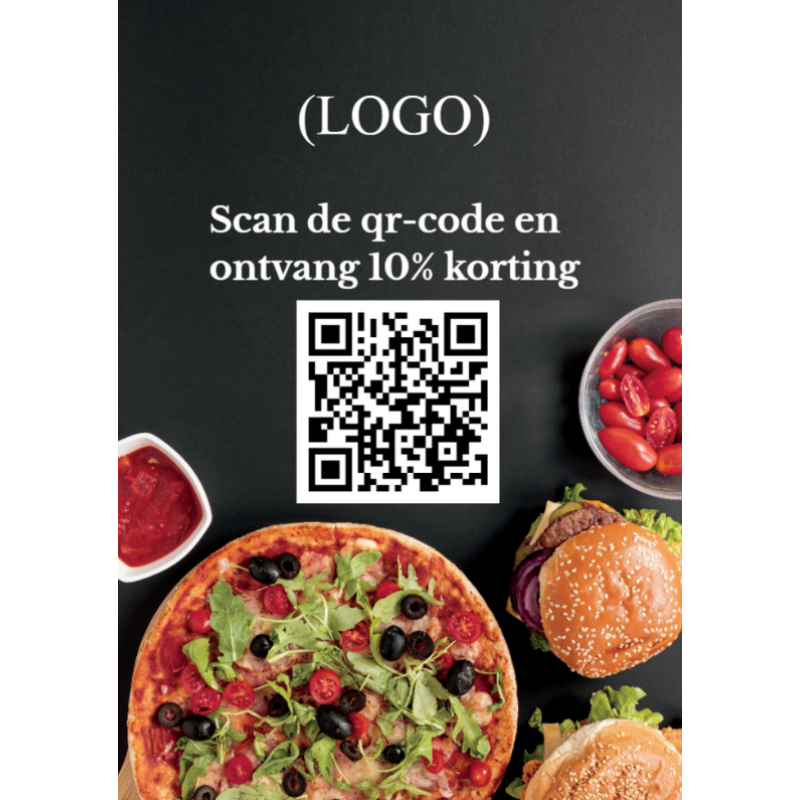 Advertising flyer A5 with logo, QR code for discount, pizza and burger.
Ideal for flyer making promotions.